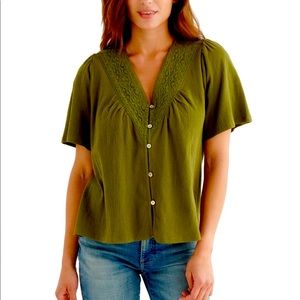 NWT Lucky Brand Boho Short Sleeve Cotton and Lace Top, in Olive Green, Sz S